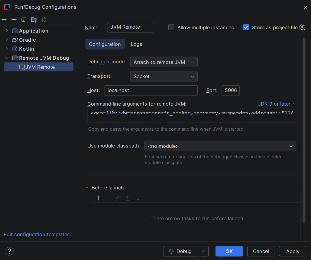 JVM remote debugger config